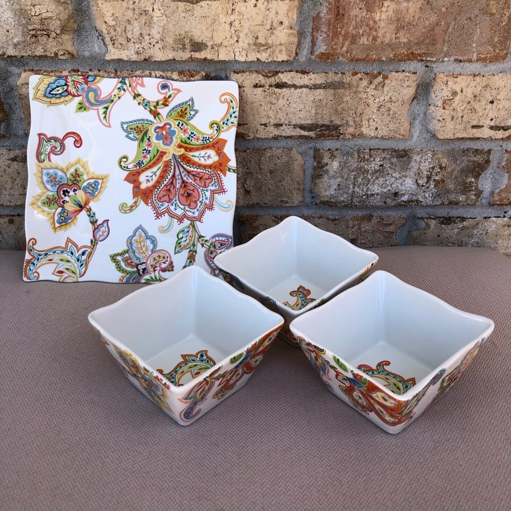 222 Fifth Indochine Paisley Ceramic Set Of 1 Snack Plate & 3 Dipping Bowls - Picture 16 of 16
